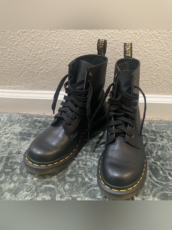 Dr. Martens Shoes - Dr. Martens Black Leather Lace-Up Boots with Yellow Stitching
